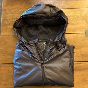 Adidas- woman’s black hooded zip up windbreaker- size large - logo on arm